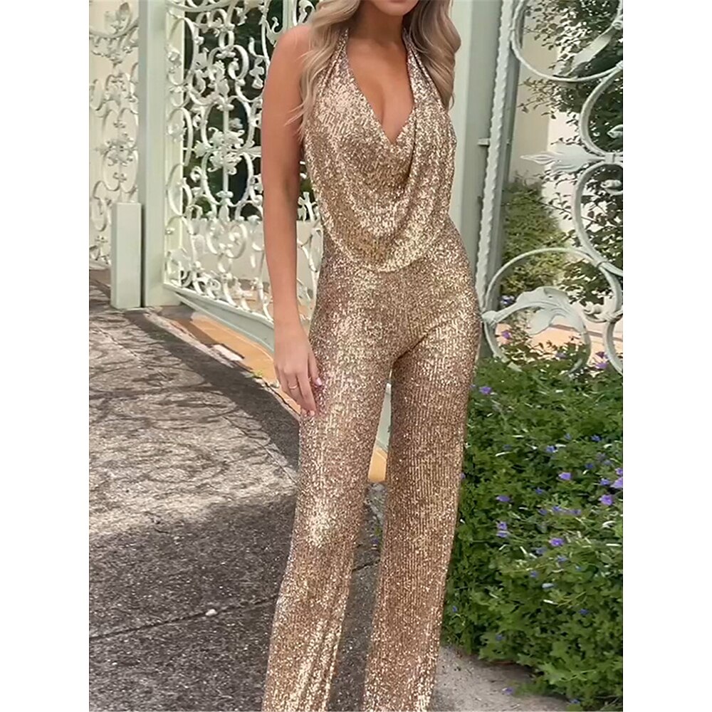 Damen Jumpsuit Hohe Taillenlinie Pailletten Feste Farbe Tiefes V Elegant Strassenmode Hochzeit Party Regular Fit Ärmellos Silber Schwarz Wein S M L XL Sommer Lightinthebox