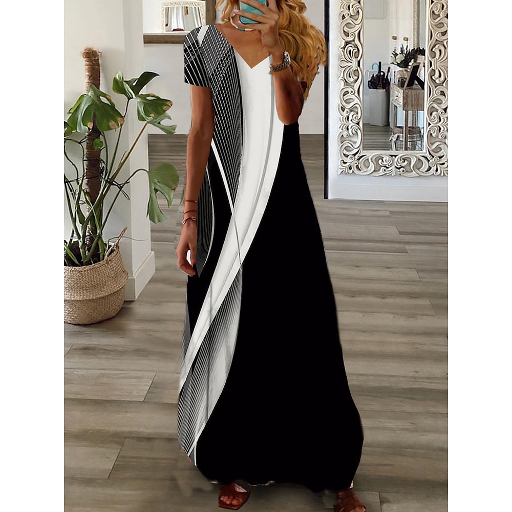 Damen Freizeitkleid Grafikdruck V-Ausschnitt Maxi langes Kleid lässig Alltag Urlaub Kurzarm Sommer Frühling Lightinthebox