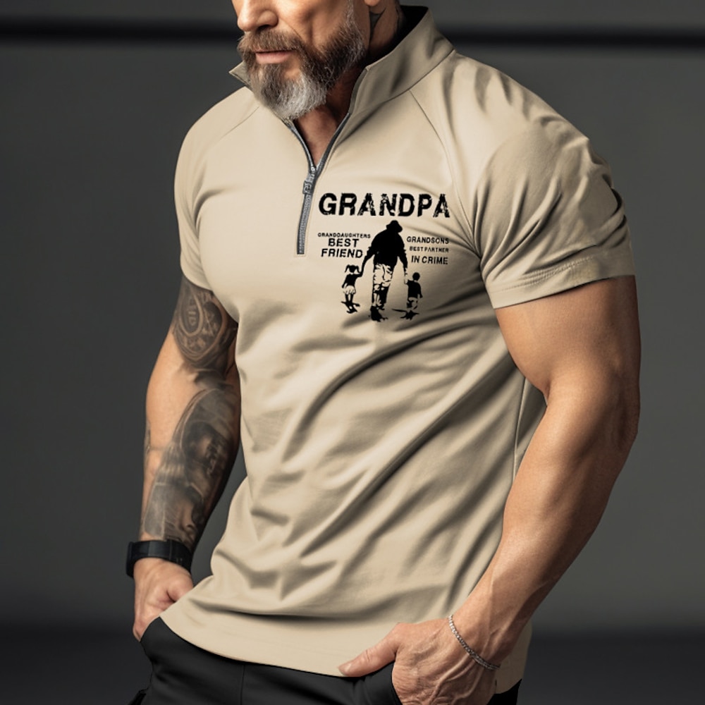 Vatertags-Papa-Shirts Herren-Poloshirt mit Reißverschluss, Polo-Golf-Shirt mit Buchstabengrafikdrucken, Vatertags-Turndown, Olivgrün, Schwarz, Weiß, Gelb, Schwarz, Lila, Lightinthebox