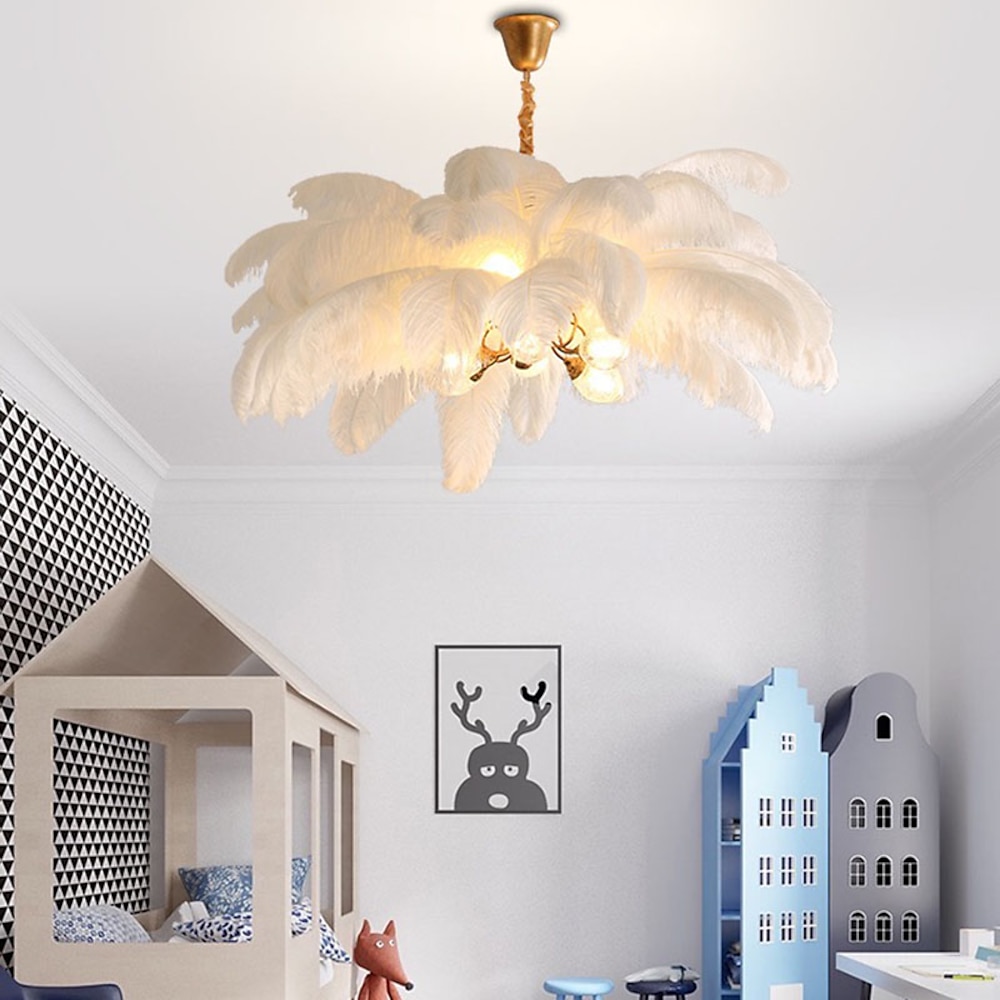 LED-Pendelleuchte Kronleuchter wunderschöne extra große 80 cm 6-Licht-weiße Straußenfeder-Blumenstrauß-Pendelleuchte romantische montierte Leuchte für Restaurant-Schlafzimmer Lightinthebox