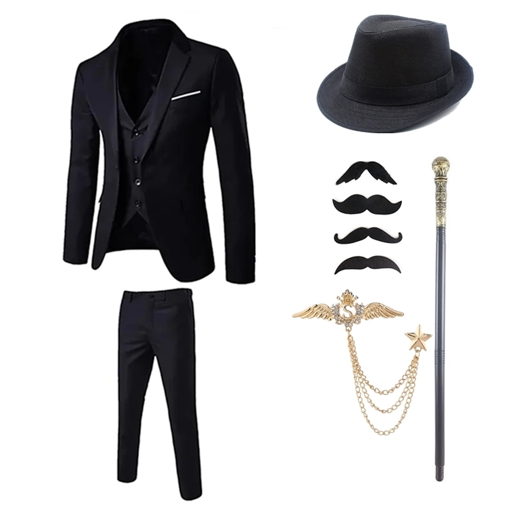 Retro Vintage Goldene Zwanziger 1920er Outfits Anzüge Blazer Zubehörset Gentleman Gangster Schnalle Einfarbig Umlegekragen Herren Halloween Karneval Party Abend Alltagstauglich Party / Cocktail Lightinthebox