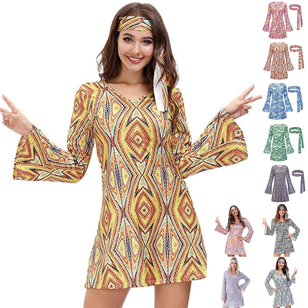 Hippie Retro Vintage Hippie 1970er Disko Kleid Kopfbedeckung Damen Kostüm Jahrgang Cosplay Party Abend Kleid Maskerade Schlager Outfit Lightinthebox