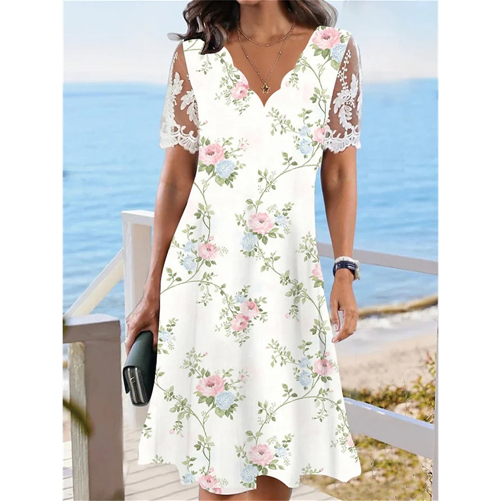 Damen-Midikleid mit Blumenmuster und gewelltem Halsausschnitt und Spitzenärmeln, für den Alltag, Urlaub, kurze Ärmel, Sommer, Frühling Lightinthebox