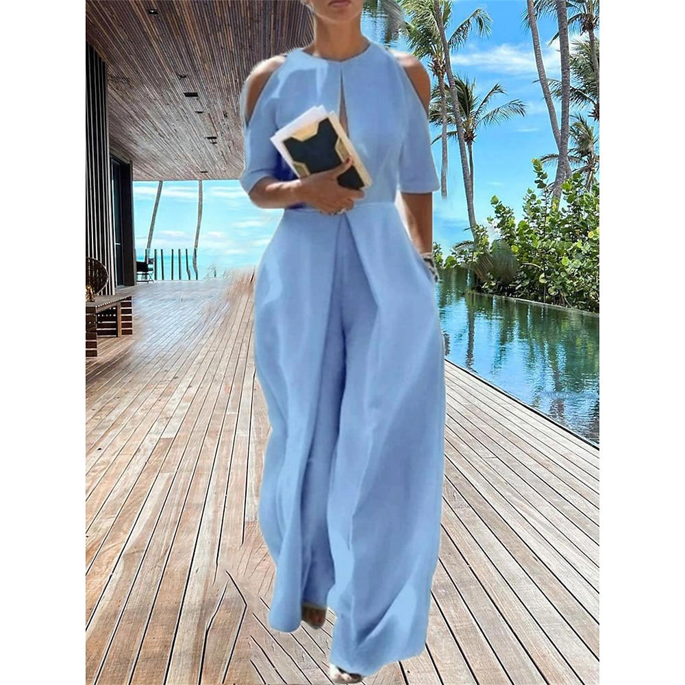 Damen Normal Jumpsuit Urlaub Feste Farbe Kurzarm Rundhalsausschnitt Urlaub Party Regular Fit Weiß Blau Grau Sommer Lightinthebox