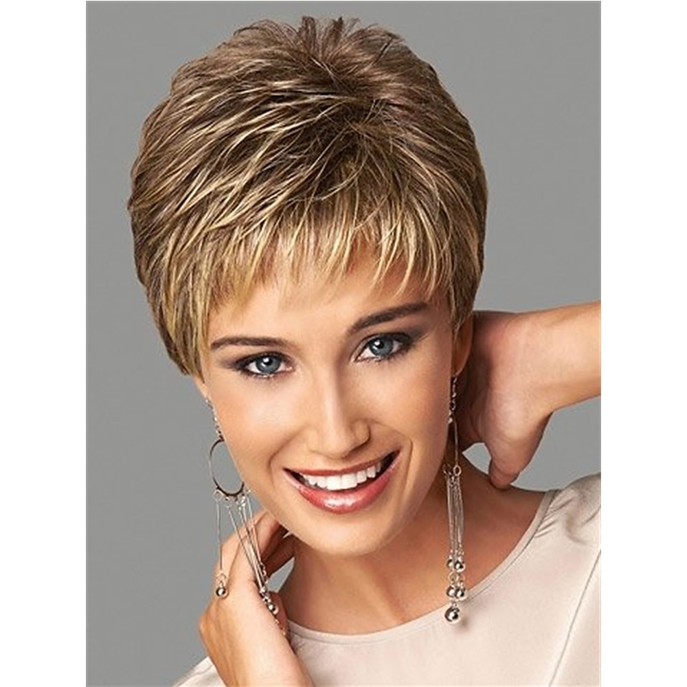 kurze dunkelbraun gemischte blonde Highlight Pixie Cut Perücken mit Pony synthetische geschichtete Perücken für Frauen natürliche Haarersatzperücken Lightinthebox