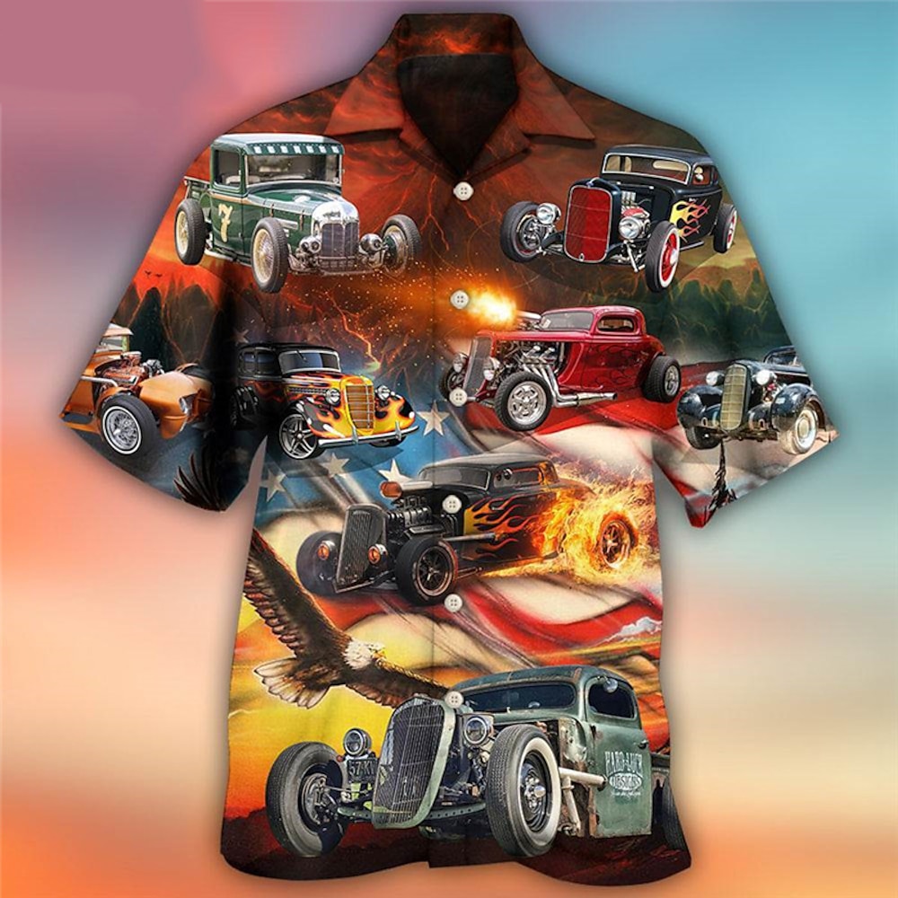 Herren Auto Hemd Hawaiihemd Sommerhemd Aloha-Shirt Kurzarm Hemd Kubanisches Halsband Sport Modisch Strassenmode Outdoor Casual Hawaiianisch Rote S M L Lightinthebox