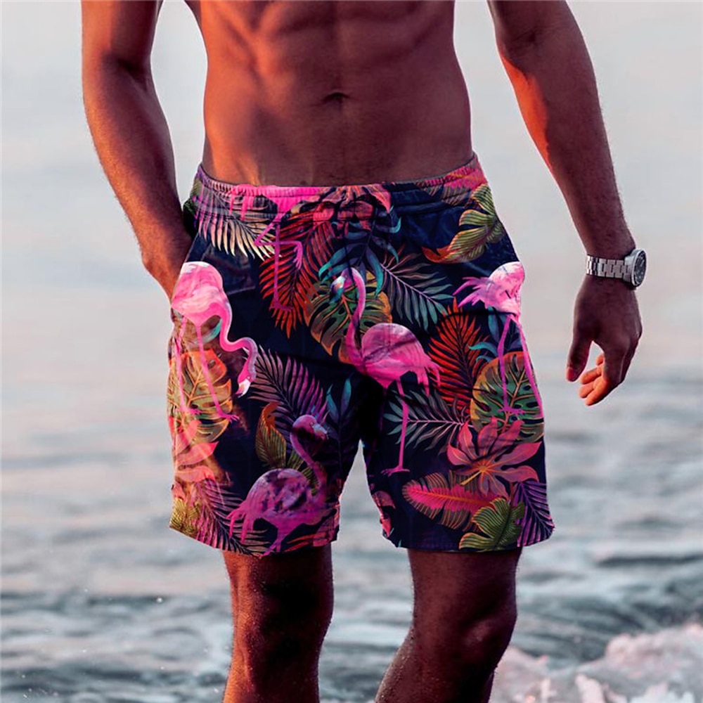 Herren Blatt Flamingo Grafik-Drucke Boardshorts Badeshorts Badehose Schwimmshorts Bademode Mittlere Taillenlinie Hawaiianisch Boho Casual Täglich Festtage Kordelzug mit Mesh-Futter Elastische Taille Lightinthebox