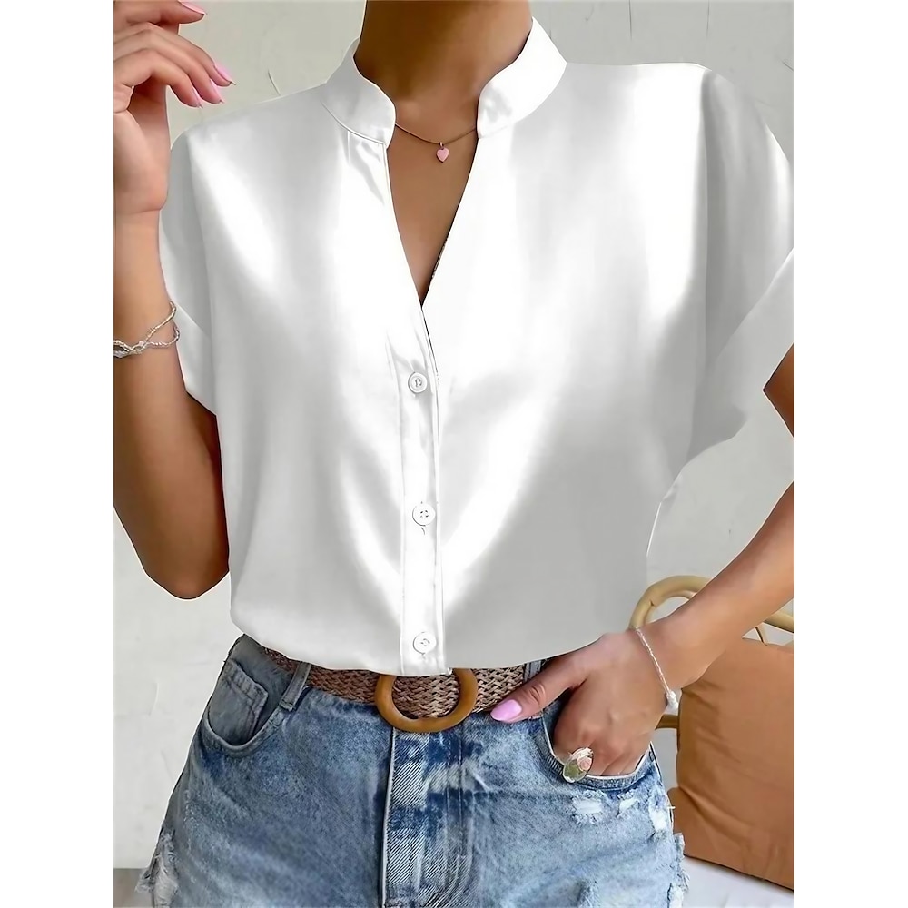 Damen Hemd Bluse elegante Tops elegante Mode Business Knöpfe Kurzarm normale Tops Arbeit weiß Lightinthebox