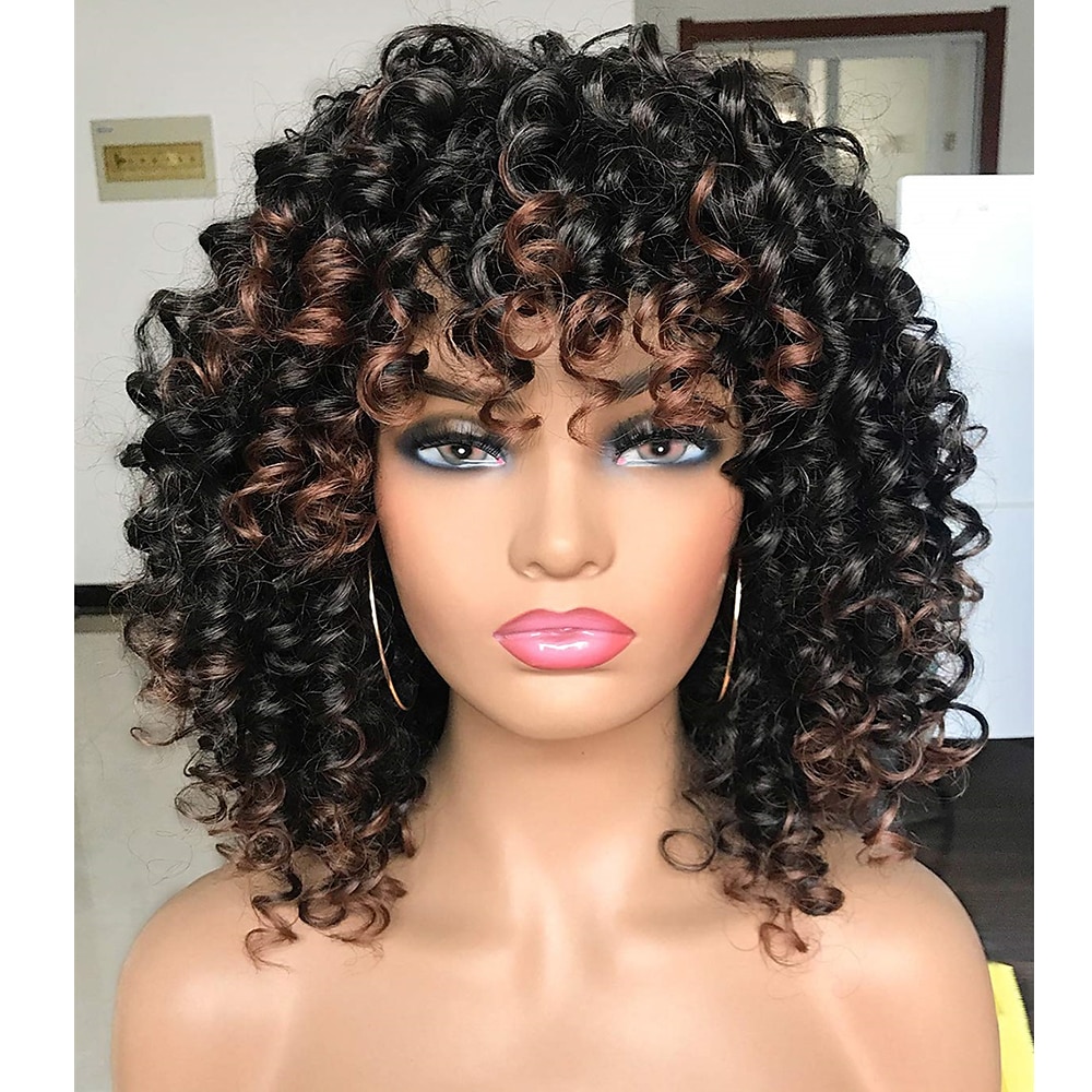 Afro-Lockenperücken schwarz mit warmen braunen Reflexen Perücken mit Pony für schwarze Frauen mit natürlichem Look für den täglichen Gebrauch Lightinthebox