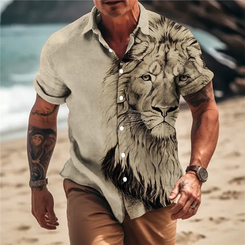 Herren Tier Löwe Grafik-Drucke Hemd Kurzarm Modisch Designer Brautkleider schlicht Outdoor Casual Sommer Frühling Umlegekragen Bedruckt Blau Braun Khaki Grau Lightinthebox