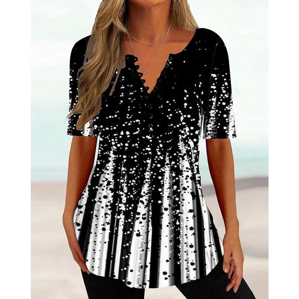 Damen T-Shirt Henley Shirt Tunika Basic Blumen Schmetterling Knöpfe Print Kurzarm Normal Oberteile V-Ausschnitt Casual Schwarz Blau Lila Lightinthebox