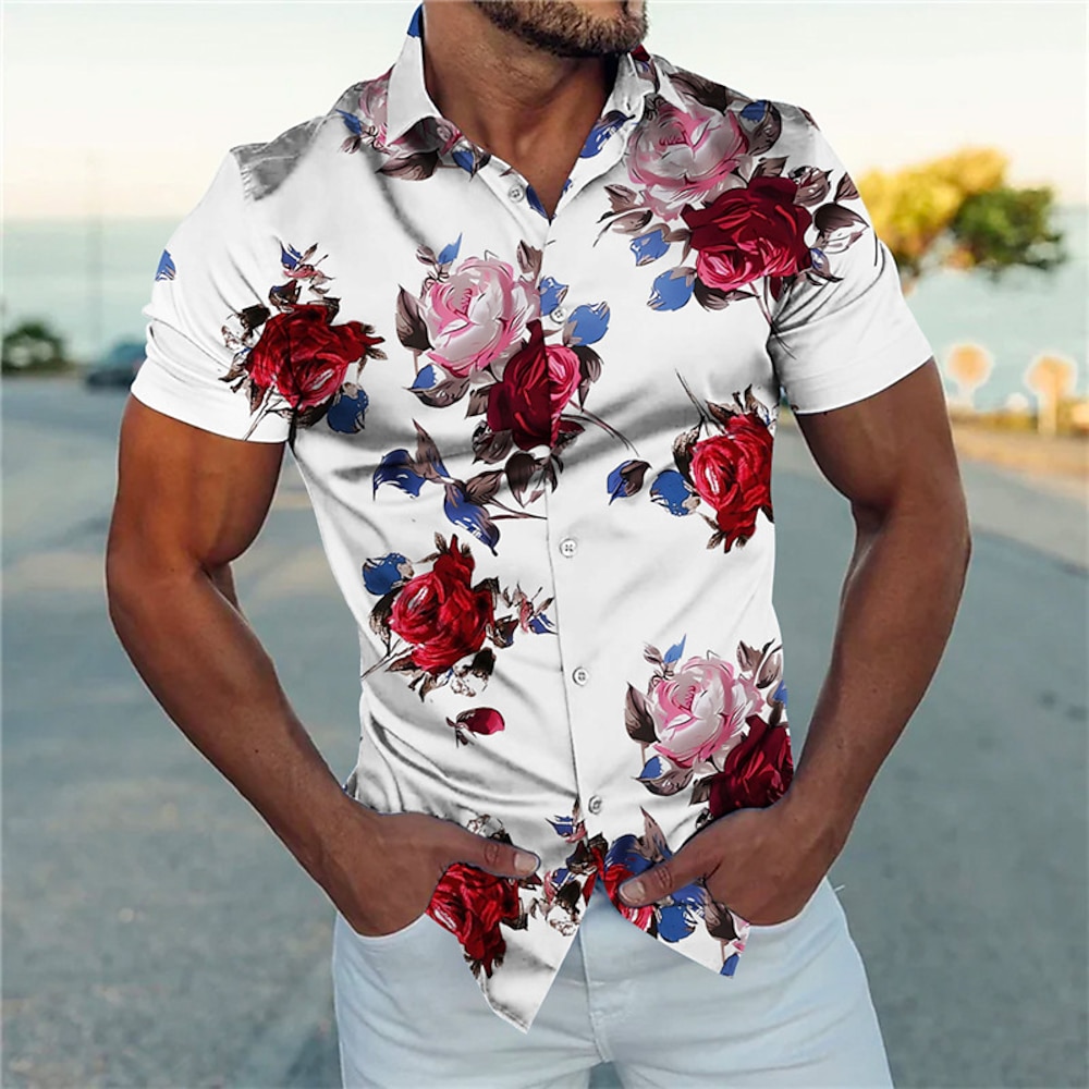 Herren Blumen Grafik-Drucke Hemd Kurzarm Modisch Strassenmode Designer Outdoor Strasse Täglich Sommer Frühling Umlegekragen Bedruckt Schwarz Weiß Marineblau Blau Gold Lightinthebox