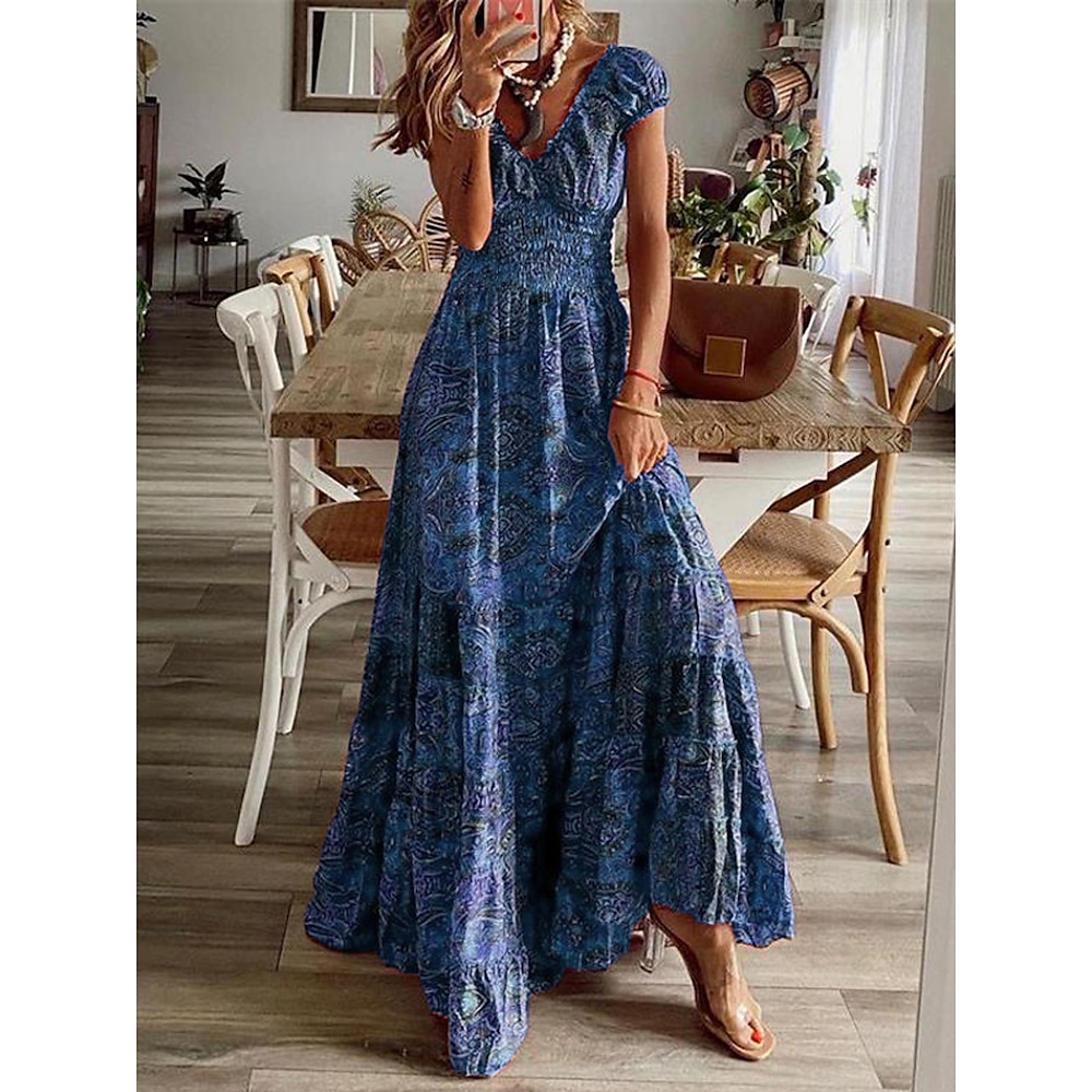 Damen Vintage Kleid aus Baumwolle, lässiges Kleid, grafischer Rüschendruck, V-Ausschnitt, Maxi-Langkleid, Vintage, Bohemian, Urlaub, Strand, kurze Ärmel, Sommer, Frühling Lightinthebox