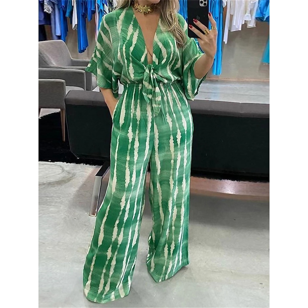 Damen Normal Jumpsuit Strassenmode Gestreift 3/4 Ärmel V Ausschnitt mit Schnürung Tasche Urlaub Strasse Regular Fit Grün Grau Sommer Lightinthebox