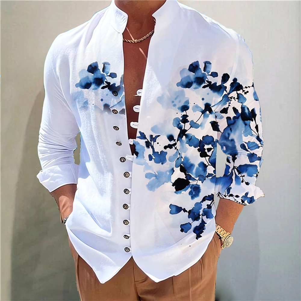 Herren Blumen Grafik-Drucke Hemd Langarm Modisch Designer Brautkleider schlicht Täglich Urlaub Ausgehen Herbst Frühling Sommer Ständer Bedruckt Gelb Blau Purpur Grün Grau Lightinthebox