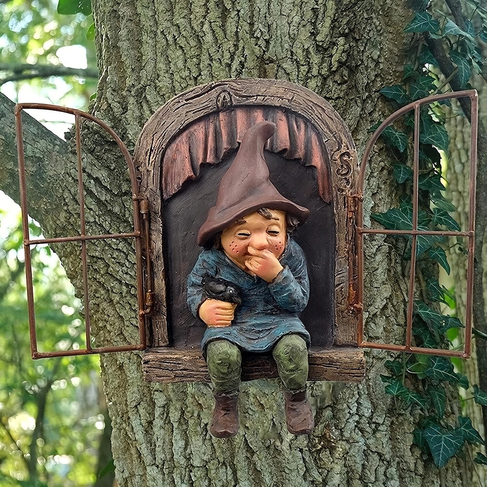 Gartendekorationen, 1 Stück Gartenzwerg-Statuenornamente, Gnome aus dem Fenster, Baumdekoration, Gartendekoration, Elfe aus der Tür, Baum, der Polyresin-Ornamente umarmt, Basteln für Weihnachten, Lightinthebox