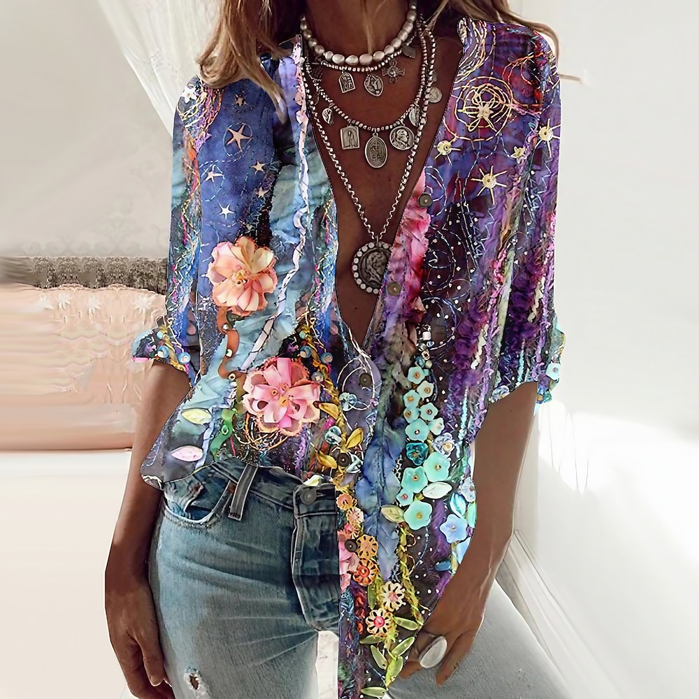 Damen Shirt Basic Floral Knöpfe Druck Langarm Lange Tops V-Ausschnitt Casual Urlaub Lila Frühling Herbst Lightinthebox