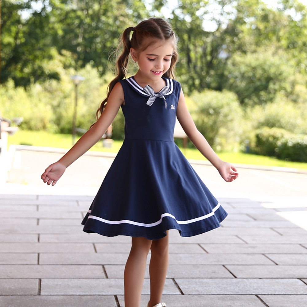 Kinder Wenig Mädchen Kleid Gestreift Volltonfarbe Tank-Top Kleid Schuluniformen Schulanfang Alltag Schleife Marineblau Baumwolle Knielang nette Art Süß Kleider Sommer Regular Fit 3-13 Jahre Lightinthebox