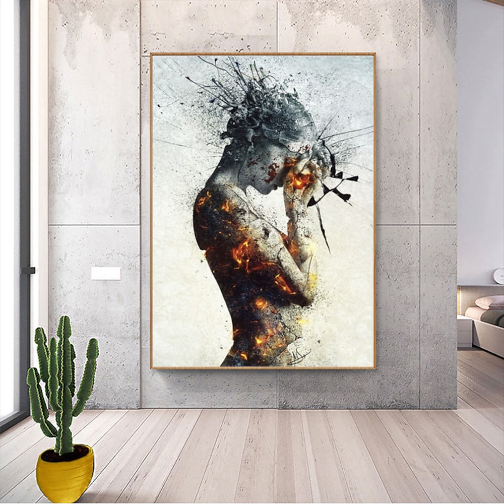 Graffiti Kunst des Feuers Mädchen Leinwand Gemälde an der Wand Kunst 100% handgefertigte Frau moderne Kunst Bild Home Wanddekoration Lightinthebox