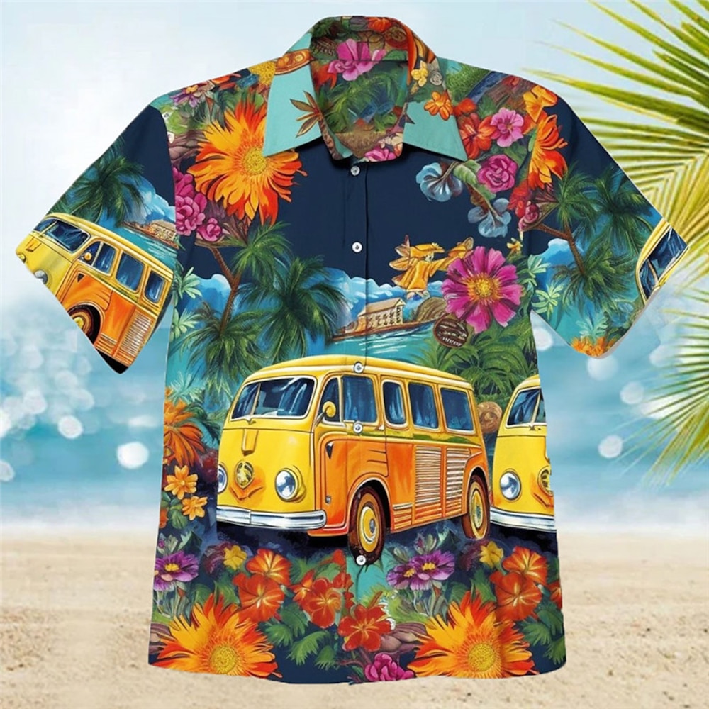 Herren Blumen Hippie Bus Hemd Hawaiihemd Sommerhemd Aloha-Shirt Kurze Ärmel Hemd Umlegekragen Modisch Strassenmode Designer Outdoor Strasse Casual Gelb Marineblau Blau S M L Lightinthebox