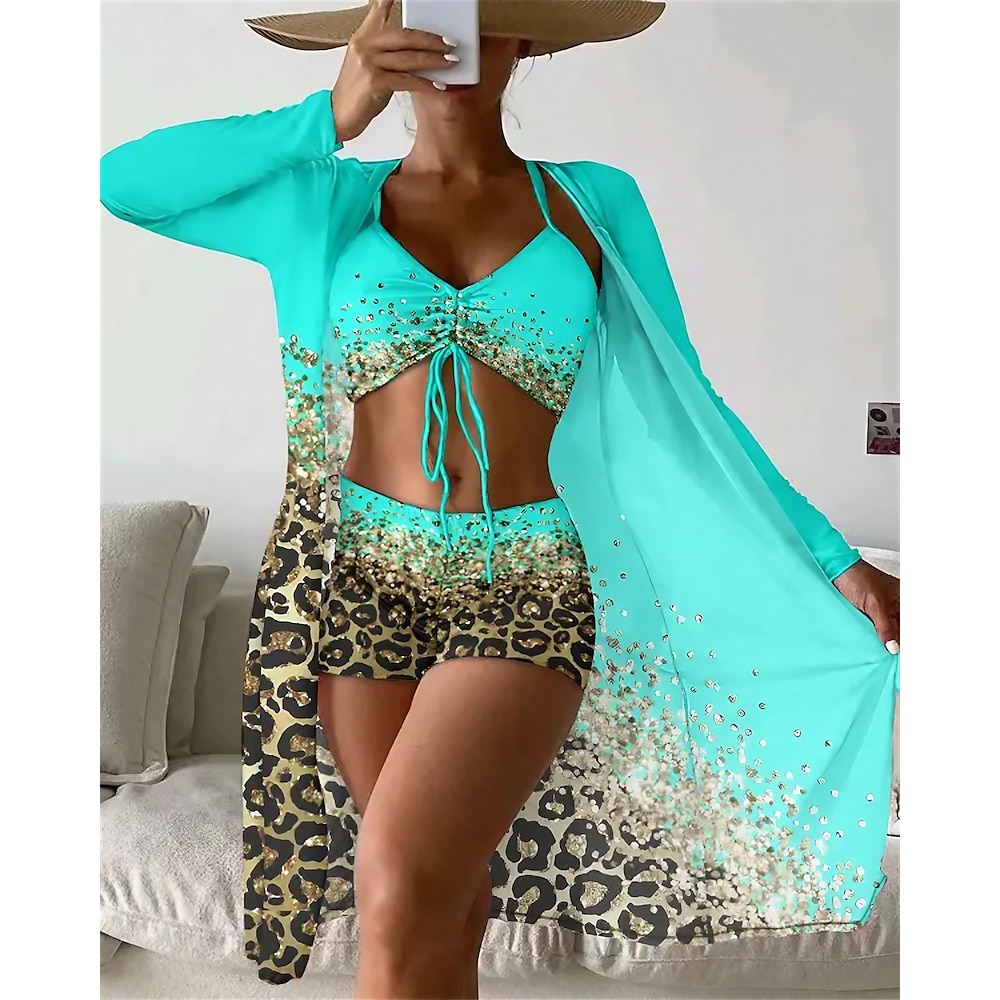 Damen Normal Badeanzug Bikinis Zudecken Bademode 3 Teile Print Strandbekleidung Sommer Leopard Langarm Badeanzüge Lightinthebox