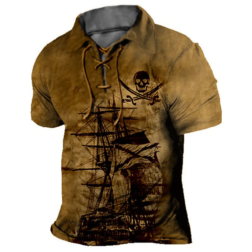 Herren Totenkopf Motiv Grafik-Drucke Vintage Segelboot Poloshirt Golfhemd Kurzarm Hemd Umlegekragen Outdoor Strasse Blau Grün Khaki Grau Kordelzug Bedruckt Bekleidung Sport Modisch Strassenmode Lightinthebox