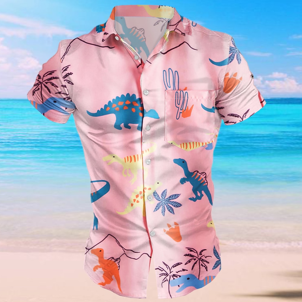 Herren Hemd Sommerhemd Knopfhemd Lässiges Hemd Rosa Kurzarm Dinosaurier Grafik-Drucke Kargen Täglich Urlaub Bedruckt Bekleidung Modisch Designer Brautkleider schlicht Lightinthebox