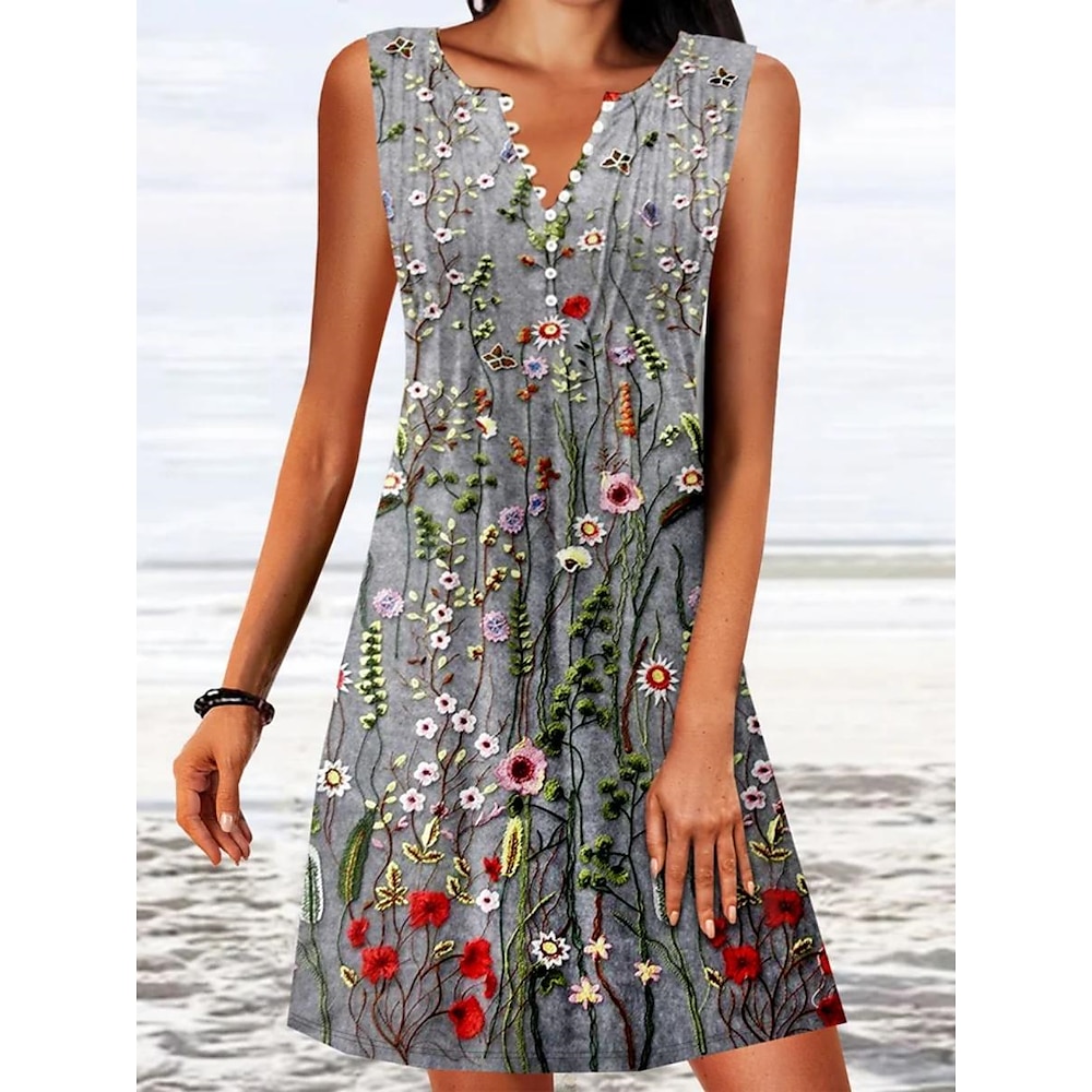 Damen Polyester Tank-Top Kleid Blumen Taste Bedruckt V Ausschnitt Minikleid Täglich Urlaub Ärmellos Sommer Frühling Lightinthebox