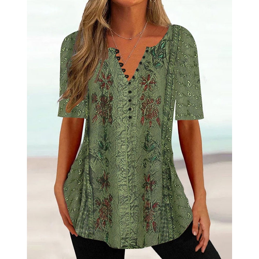 Damen T Shirt Henley Shirt Blumen Tuniken Basic Kurzarm Rundhalsausschnitt Normale Oberteile Festtage Wochenende Knopf Bedruckt Gras-Grün Hellgrün Rote Blau Braun Lightinthebox