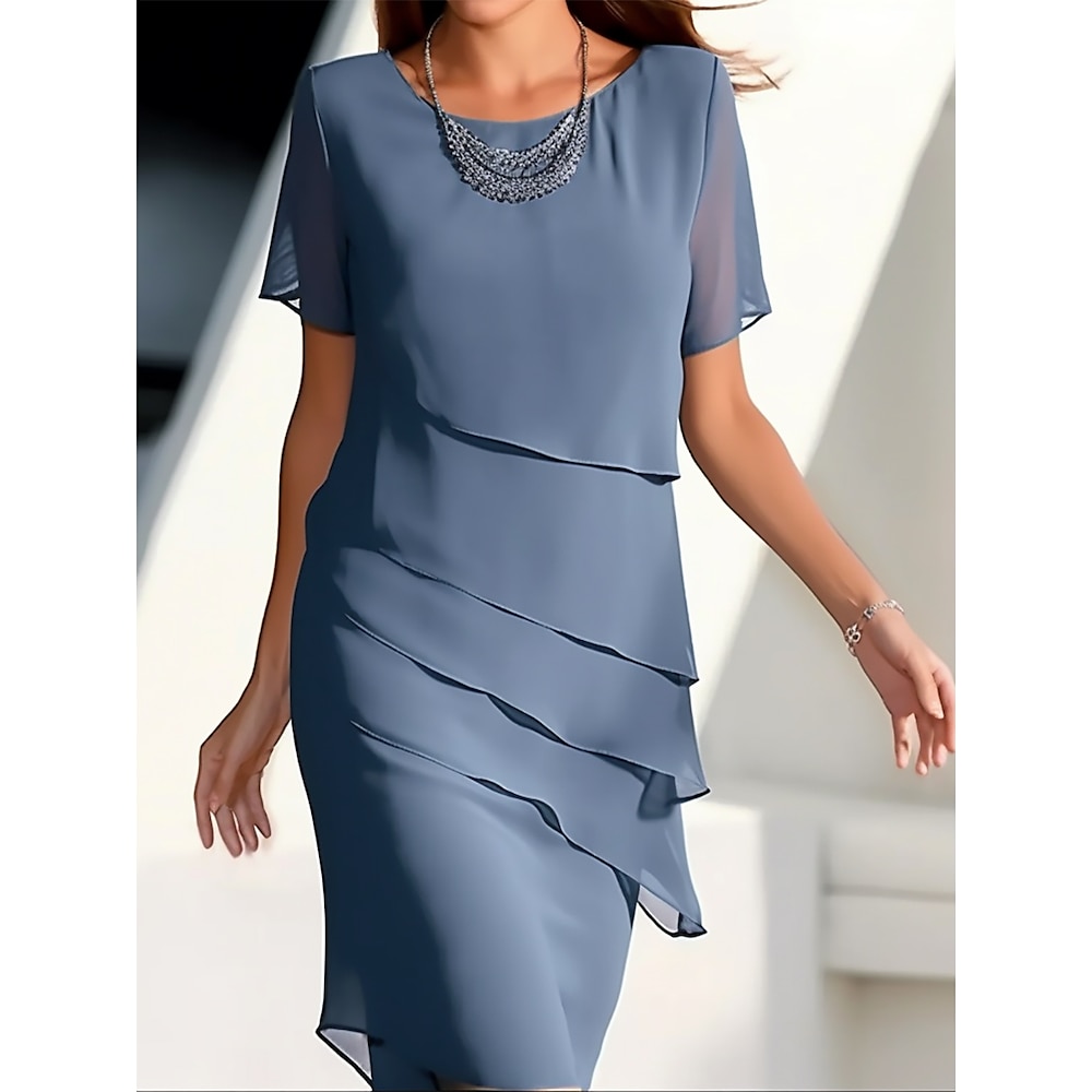 Damen Arbeitskleidung Etuikleid Chiffon-Kleid Modisch Midikleid Layer-Look Rundhalsausschnitt Kurzarm Glatt Lockere Passform Wein Blau Grün Sommer Frühling S M L XL XXL Lightinthebox