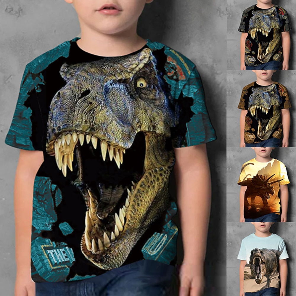 Kinder Jungen T-Shirt Kurzarm Dinosaurier 3D-Druck Einfarbig Tier Rundhalsausschnitt Schnell Trocknend Blau Gelb Khaki Kinder Oberteile Sommer Grundlegend Street Schick Normal 3-12 Jahre Lightinthebox