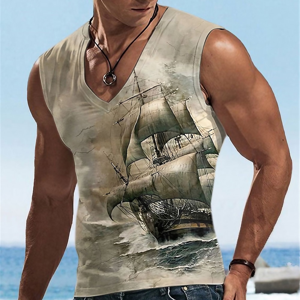 Herren Graphic Schiff Tank Top Shirt Ärmelloses T-Shirt für Männer Ärmellos T-Shirt 3D-Druck V Ausschnitt Hemd Designer Brautkleider schlicht Muskel Sport Laufen Fitnessstudio Khaki Grau Frühling Lightinthebox