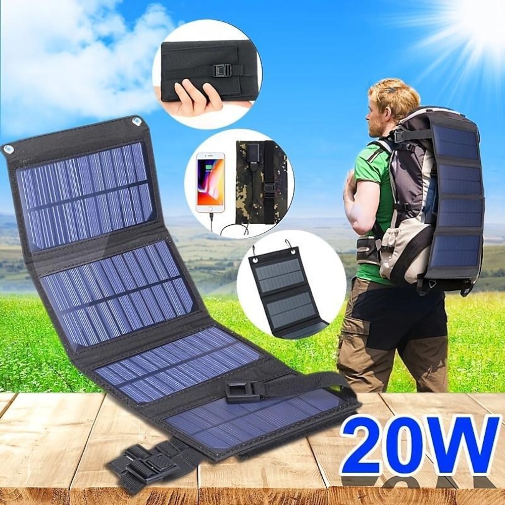 20 W tragbares Solarladegerät, 5 V, faltbares Solarpanel mit USB-Anschluss, kompatibel mit Handy-Digital-Spiegelreflex-Powerbank für Outdoor-Camping, Wandern, Wohnmobilausflug Lightinthebox