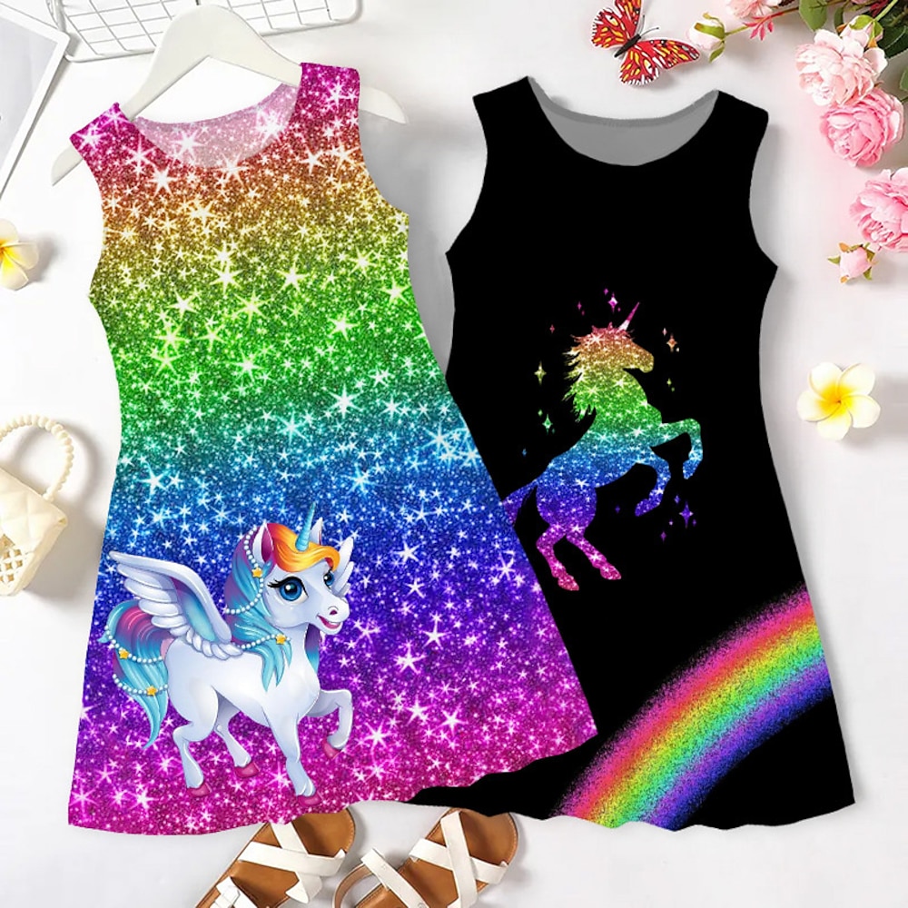 Mädchen' 3D Graphic Regenbogen Einhorn Kleid Ärmellos 3D-Druck Sommer Frühling Sport Natur Täglich Festtage Kuschelig Brautkleider schlicht Süß kinderkleidung 3-12 Jahre Casual kleid A Linie Kleid Lightinthebox