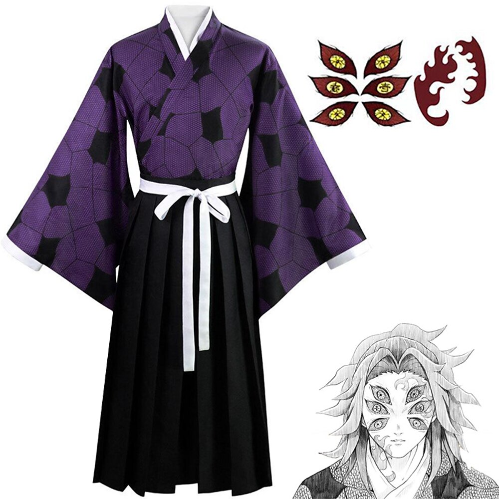 Kokushibou-Cosplay-Kostüme mit temporären Tattoos, Dämonentöter: Kimetsu no Yaiba, japanische Anime-Cosplay-Kostüme, Kimono-Anzüge für Männer und Frauen Lightinthebox