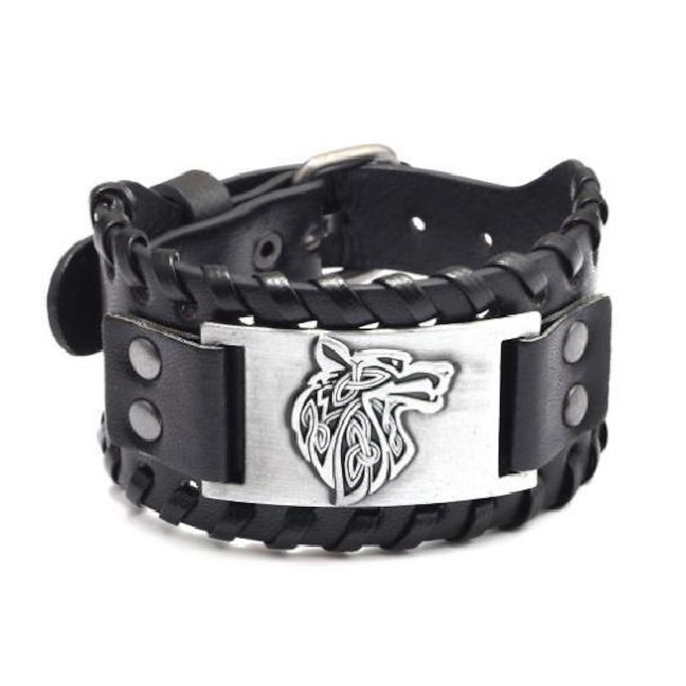 Breites Wikinger-Armband, antikes Silber, Wolfskopf-Muster, Armreif, PU-Manschette, Retro-Vintage-Mittelalter, für Männer und Frauen Lightinthebox