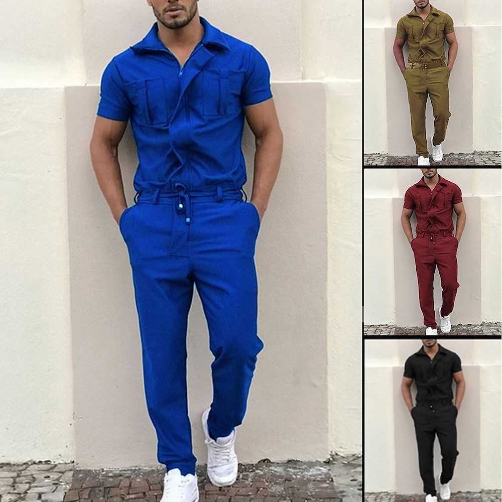 Herren Cargohose Cargohosen Arbeitshose Overall Jumpsuit Feste Farbe Nachtclub Strassenmode Stilvoll Casual / sportlich Schlank Schwarz Wein Lightinthebox