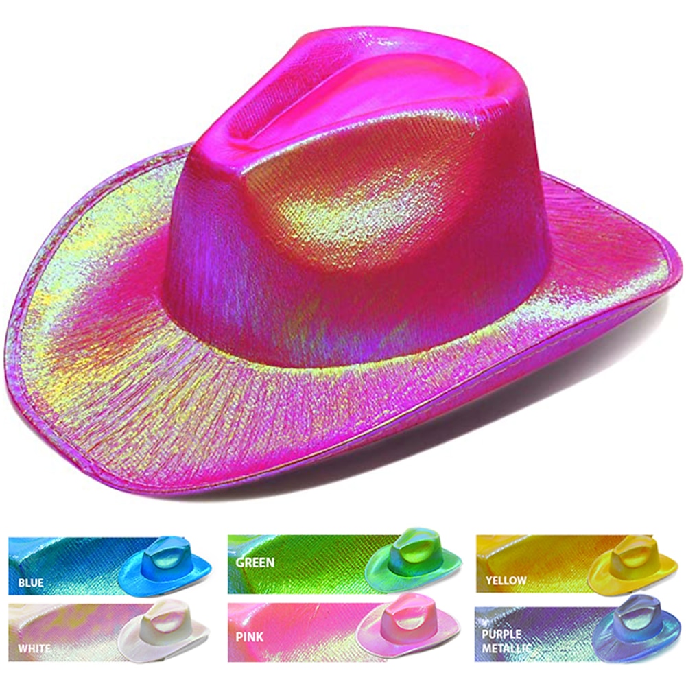 Holografischer Cowboy-Rave-Hut, glitzernder Neon-Cowgirl-Hut, lustiger holografischer Metallic-Party-Disco-Hut für Erwachsene und Kinder im 80er-Jahre-Disco-Stil Schlager Outfit Lightinthebox