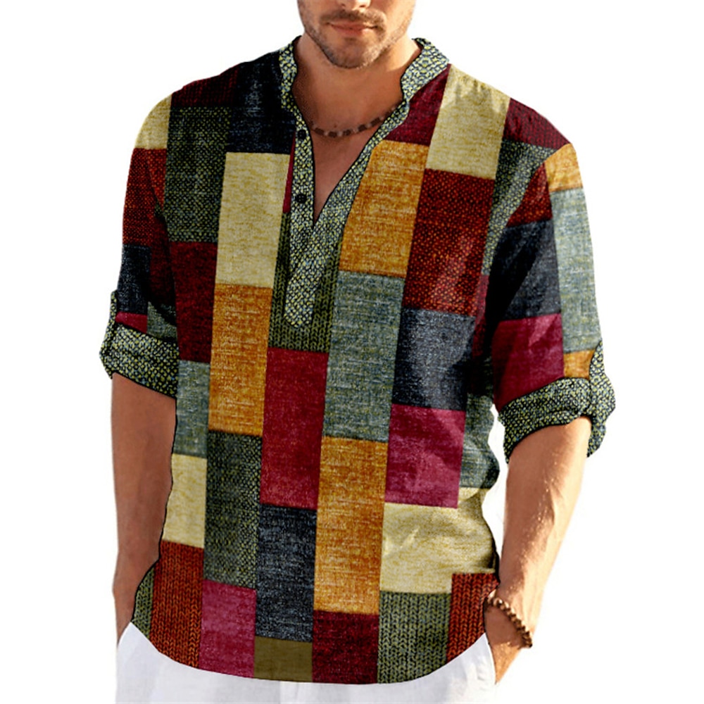 Herren Plaid / Karomuster Patchwork Geometrische Muster Hemd Knopfhemd Langarm Modisch Strassenmode Designer Casual Ausgehen Sommer Frühling Herbst Ständer Bedruckt KhakiKaki Schwarz Weiß Gelb Lightinthebox