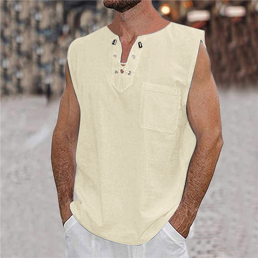 Herren Hemd leinenhemd Hemd aus Baumwollleinen Sommerhemd Strandhemd Glatt Urlaub Casual Schwarz Weiß Marineblau Khaki Ärmellos V Ausschnitt Sommer Bekleidung Kordelzug Lightinthebox