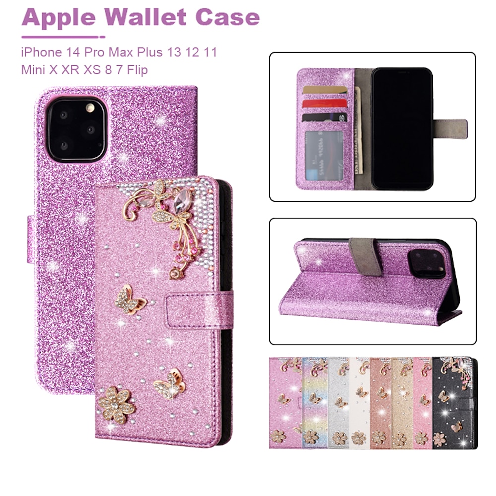 Handy Hülle Handyhüllen Für iPhone 16 iPhone 15 Pro Max Plus iPhone 14 13 12 11 Pro Max Mini X XR XS Max 8 7 Plus Brieftasche Kartenetui Flip-Cover mit Halterung Ganzkörperschutz Bling Glitzer Lightinthebox