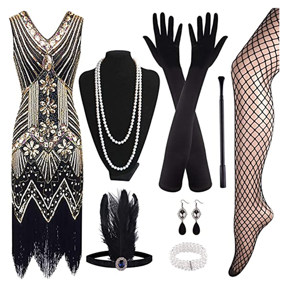 Retro Vintage Brüllen 20s 1920s Flapper Kleid Kleid Austattungen Halskette / Ohrringe Der große Gatsby Damen Pailletten Quaste Party / Abend Maskerade Erwachsene Kleid Handschuhe Strümpfe Frühling Lightinthebox