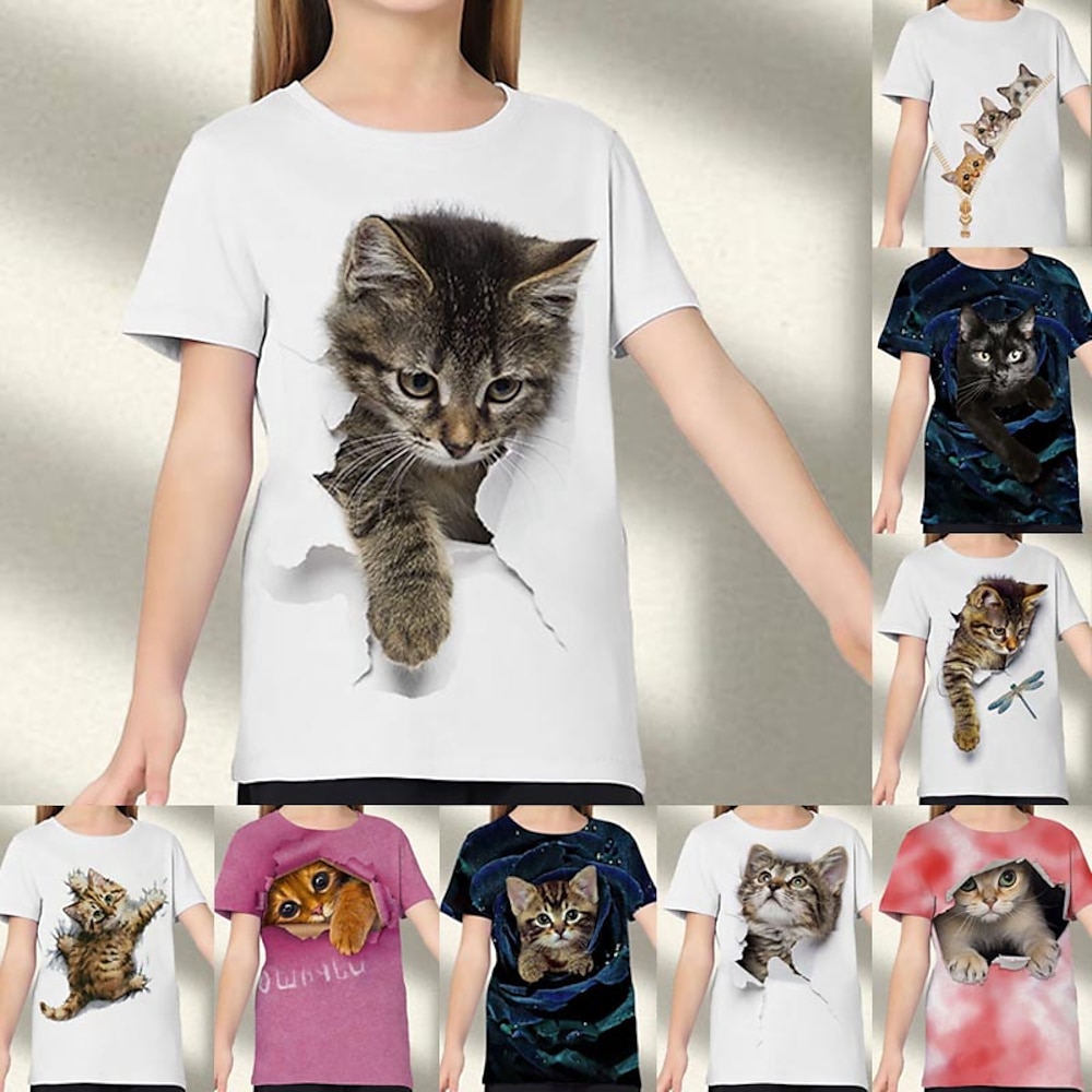 Kinder Mädchen T-Shirt Kurzarm Katze Grafik Tier Regenbogen Kinder Oberteile Aktiv nette Art 3-12 Jahre Lightinthebox