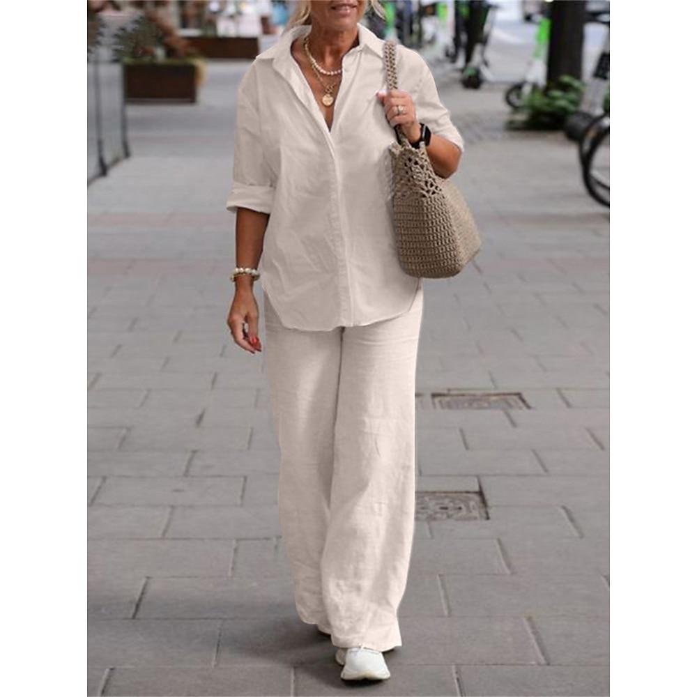 Damen Einfach Brautkleider schlicht Komfort Hemd Langarm Lange Hose Kargen Einfarbig Knopf Heim Strasse Täglich Schwarz Rosa Blau Sommer Lightinthebox