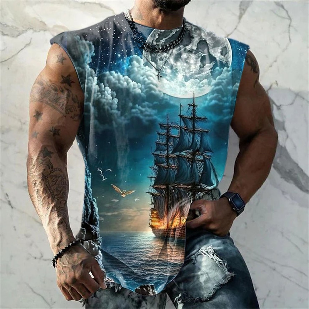 Herren Graphic Wolke Schiff Nautisch Shirt Ärmelloses T-Shirt für Männer Ärmellos Gurte T-Shirt 3D-Druck Rundhalsausschnitt Hemd Modisch Designer Muskel Täglich Sport Fitnessstudio Rote Blau Purpur Lightinthebox