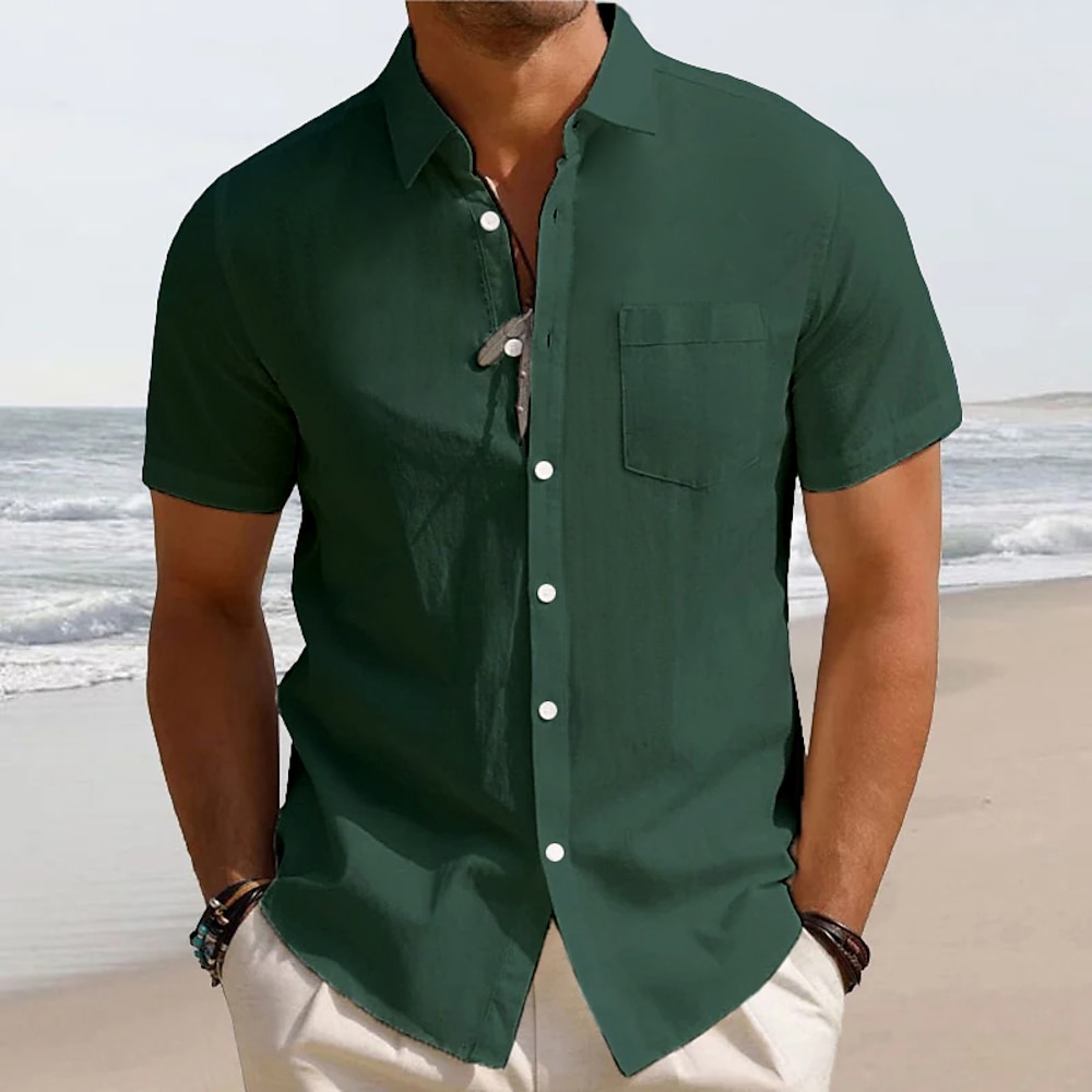 Herren leinenhemd Hemd aus Baumwollleinen Weißes Baumwollhemd Sommerhemd Strandhemd Glatt Hawaiianisch Festtage Schwarz Weiß Grün Khaki Kurzarm Kargen Frühling Sommer Bekleidung Grundlegend Lightinthebox