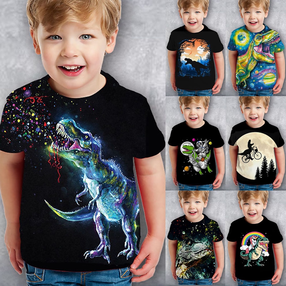 Kinder Jungen T-Shirt Kurzarm Dinosaurier 3D-Druck Grafik Tier Schwarz Kinder Oberteile Sommer Aktiv Cool nette Art Schulanfang Freizeitskleidung 3-12 Jahre Lightinthebox
