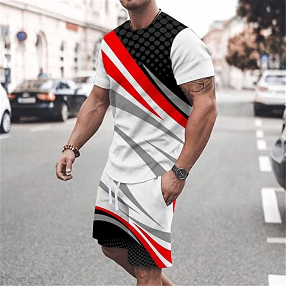Herren Frühling Sommer Grafik Farbblock 2St T-Shirts-Sets Passende Sets Kurzarm Kurze Hosen Rundhalsausschnitt Designer Lässig Bequem Outdoor Urlaub Täglich 3D-Druck Schwarz Weiß Gelb Lightinthebox