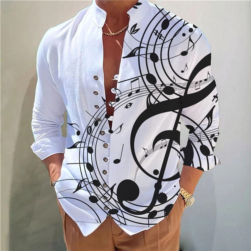 Herren Musik Bemerkung Hemd Knopfhemd Langarm Modisch Designer Brautkleider schlicht Urlaub Täglich Ausgehen Herbst Frühling Sommer Ständer Bedruckt Schwarz Gelb Blau Purpur Grün Lightinthebox