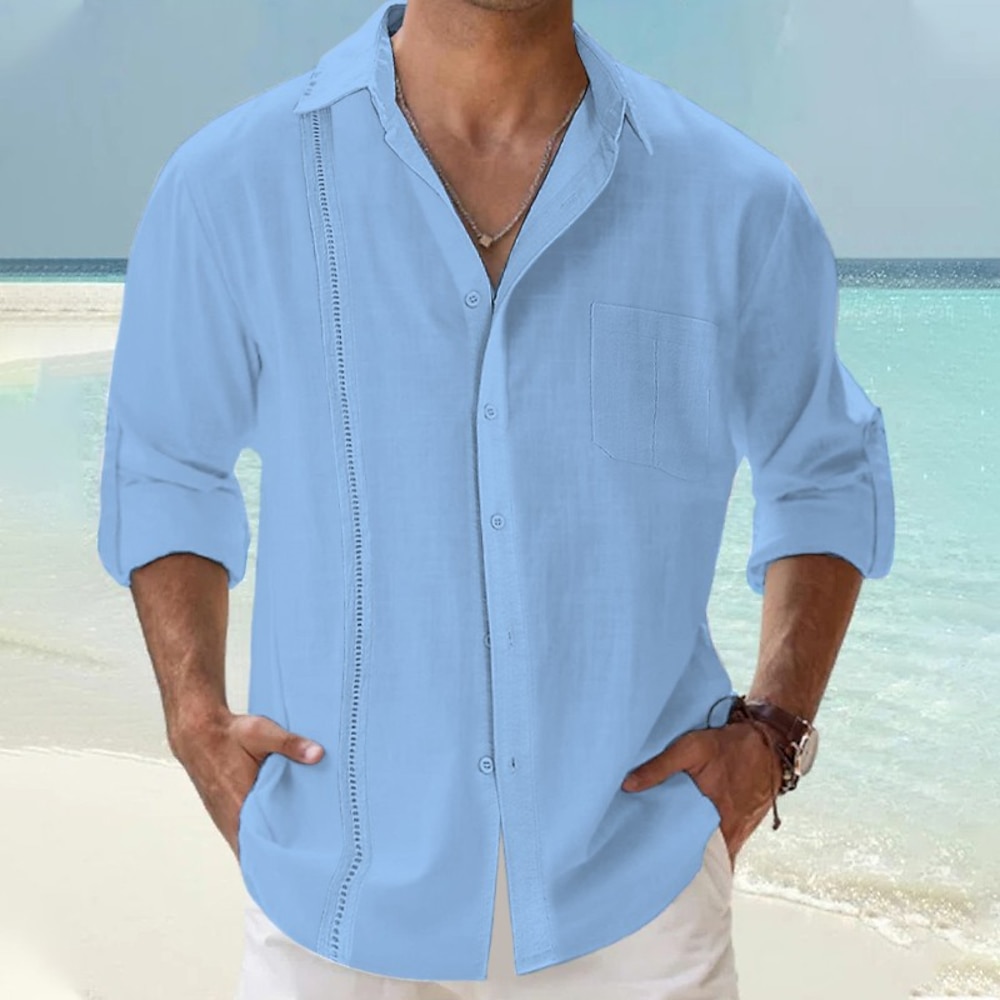 Herren Hemd leinenhemd Hemd aus Baumwollleinen Guayabera Hemd Sommerhemd Strandhemd Glatt Casual Täglich Schwarz Weiß Marineblau Aprikose Langarm Kargen Frühling Sommer Bekleidung Vordertasche Lightinthebox